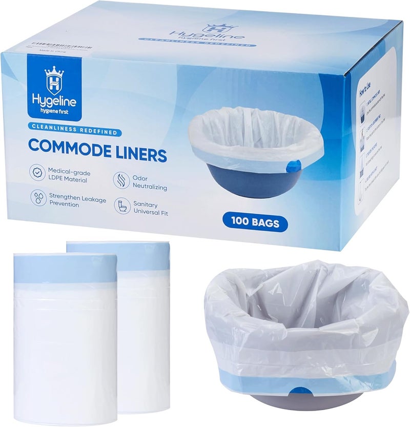 Hygeline 100 Pack Unscented Bedside Commode Liners for Portable Toilet, Disposable Potty Liners and Commode Bags for Commode Bucket, Universal Fit Portable Toilet Liners for Easy Cleanup - Image 1